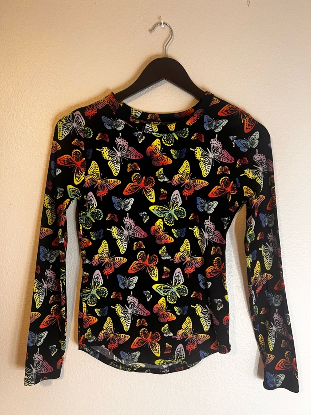 No Boundaries Black Long Sleeve Tee with Multicolor Butterfly Print